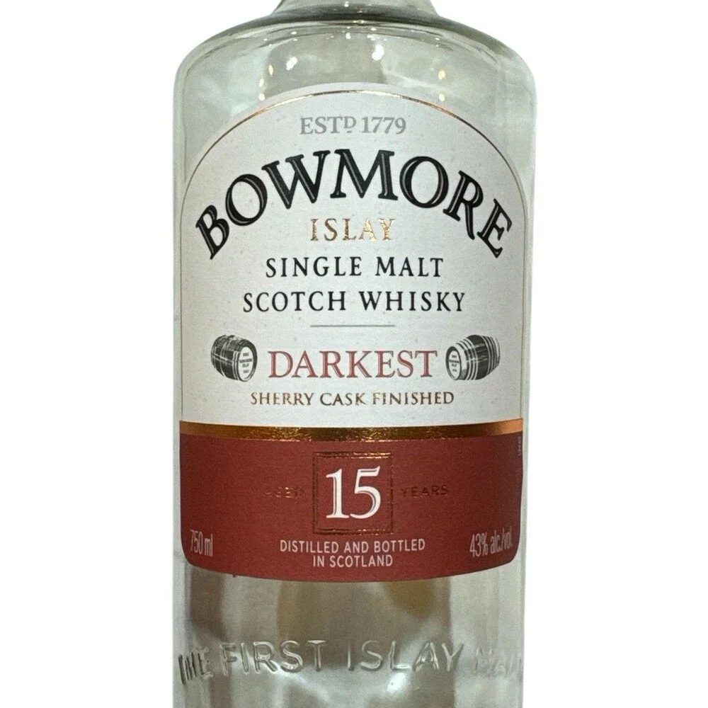 Bowmore Darkest - Empty 15 Year Single Malt Scotch‎ Whisky Bottle, Box + Cork